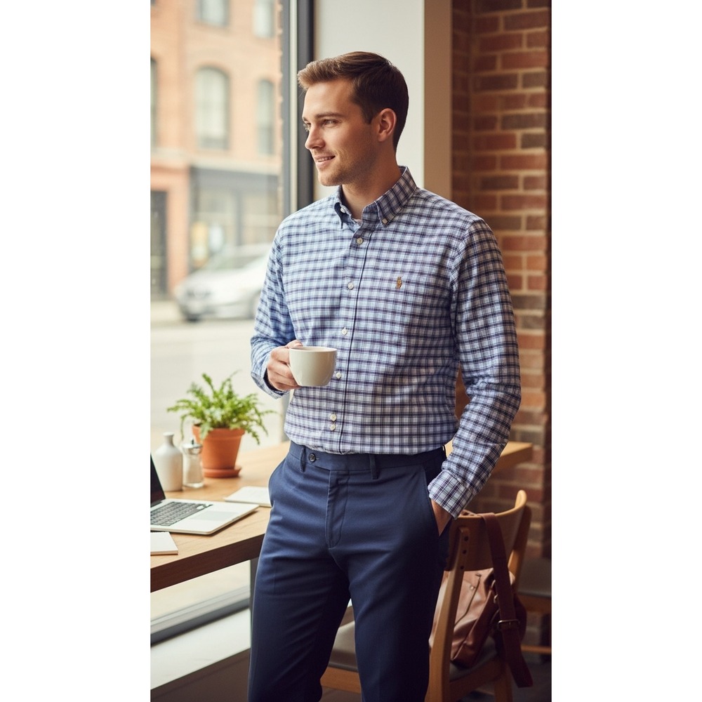 Ralph Lauren Classic‎ Fit Plaid Button Down Shirt Blue Burgundy Mens Long Sleeve